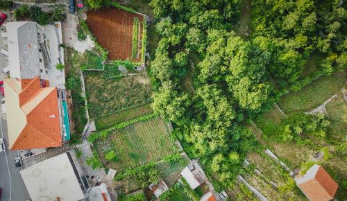 an overhead view of a park with trees and a house at Apartman Vendi in Zagvozd