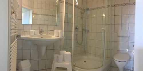 uma casa de banho com um lavatório, um chuveiro e um WC. em Restaurant und Hotel Knostmann em Hunteburg
