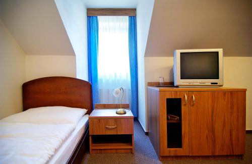 a bedroom with a bed and a tv on a wooden cabinet at Kastiel Lucivna in Lučivná