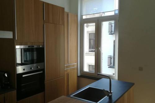 a kitchen with a sink and a window at Suite Louise-Stephanie Brussels in Brussels