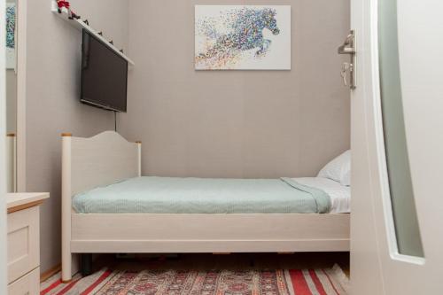 a small bedroom with a bed and a tv at Alionas home in Tbilisi City