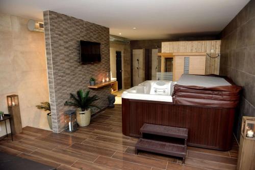 a room with a tub and a bed and a television at Penzión Fonte in Radava