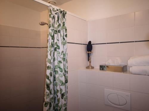 a bathroom with a shower with a shower curtain at Gl. Avernæs Sinatur Hotel & Konference in Ebberup