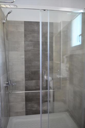 a shower with a glass door in a bathroom at Palaiokastro view in Karpathos Town