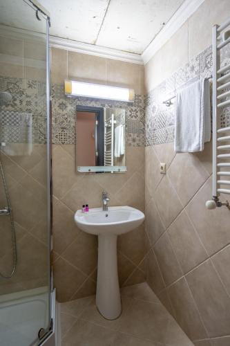 a bathroom with a sink and a shower at Wine Inn Borjomi Aparthotel in Borjomi