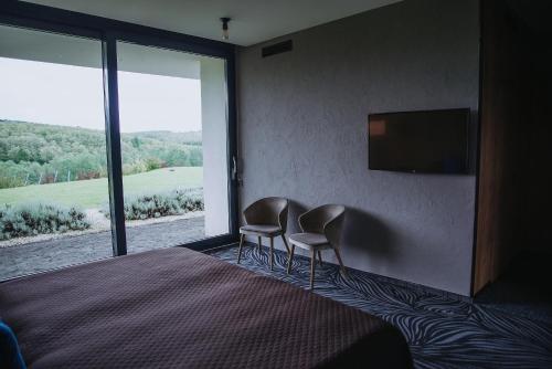 a bedroom with two chairs and a large window at Lajvér Borbirtok in Szálka