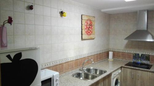 een keuken met een gootsteen en een Apple-logo aan de muur bij EL JABALÍ CONTENTO in Arroyo Frio