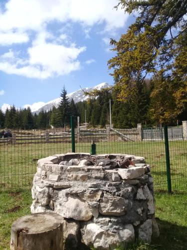 a stone wall in a field with a mountain at Orange House in nature in Žabljak