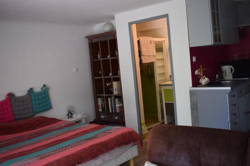 une petite chambre avec un lit et une cuisine dans l'établissement Petit nid douillet, à Cambo-les-Bains