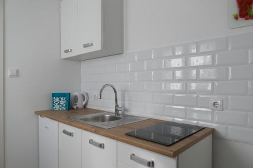 a kitchen with a sink and a white brick wall at House Smolčić in Otočac