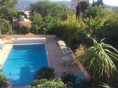 une piscine au milieu d'un jardin arboré dans l'établissement Magnifique Studio, à Sète