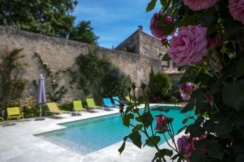 a swimming pool with chairs and flowers next to a wall at Les Jardins De La Livrée in Villeneuve-lès-Avignon