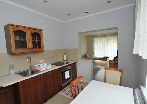 a kitchen with a sink and a table with a counter top at Zakątek Alpaka in Będzin