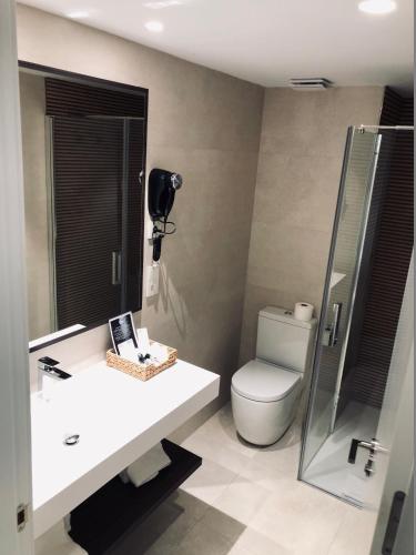 a bathroom with a toilet and a sink and a mirror at Hotel Balneario de La Virgen in Jaraba