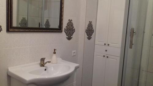 ein Bad mit einem Waschbecken, einem Spiegel und einer Dusche in der Unterkunft Gandrališkės apartamentai in Klaipėda