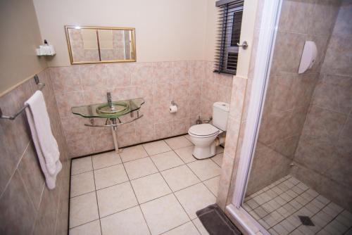 a bathroom with a shower and a sink and a toilet at Adelante Lodge in Bloemfontein