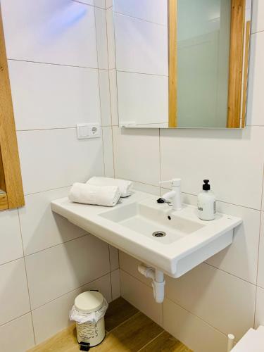 a bathroom with a white sink and a mirror at Garnica5 Suites in Torrelavega