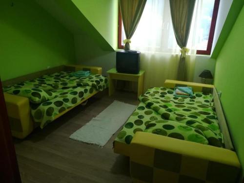 deux lits dans une chambre aux murs verts dans l'établissement Apartman Ivana Ića, à Sokobanja