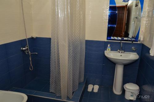 a blue bathroom with a shower and a sink at Narek B&B in Goris