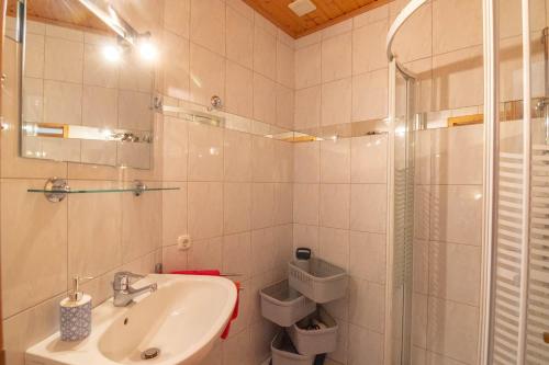 ein weißes Bad mit einem Waschbecken und einer Dusche in der Unterkunft Urlaubsbauernhof Wabnig in Moosburg