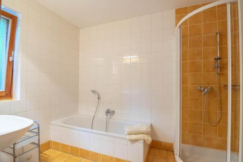 a bathroom with a bath tub and a shower at SportApartment Wabnig in Moosburg