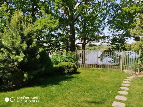 a yard with a fence and a tree at Jesenická přehrada, u vody in Cheb