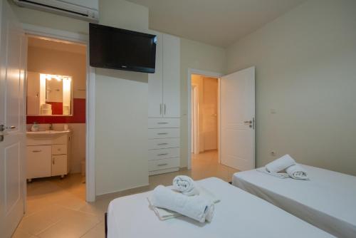a bedroom with two beds and a tv on the wall at Grand Suites with Private Pools in Kalamata