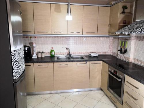 a kitchen with wooden cabinets and a sink at Brick Apartment in Nea Peramos