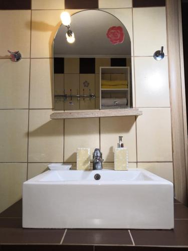 a bathroom with a white sink and a mirror at Brick Apartment in Nea Peramos
