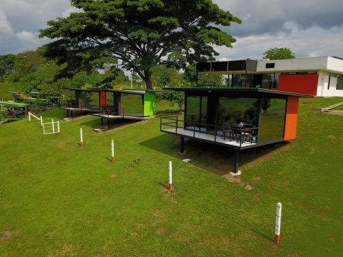 a group of houses in a field with a tree at Glamping - Calochorno in Alcalá