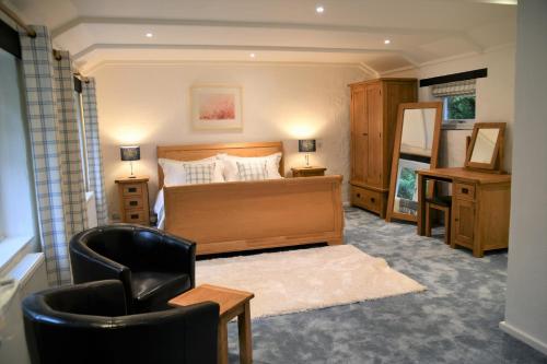 um quarto com uma cama, uma cadeira e uma secretária em TREWASSICK BARN em Newquay