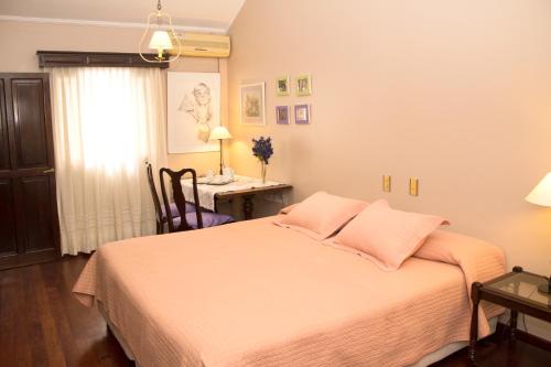 a bedroom with a bed with pink pillows and a desk at Lo de Viviana in San Salvador de Jujuy