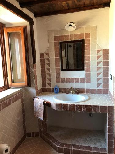 ein Badezimmer mit Waschbecken und Spiegel in der Unterkunft Li Casacci in Arzachena