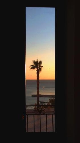 a view of the ocean and a palm tree from a balcony at BnB Agorà Panoramic Rooms in Sciacca