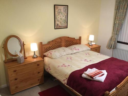 a bedroom with a bed with two lamps and a mirror at Rondo, Ballymena, Nr Ireland in Ballymena