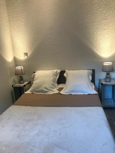 - un grand lit avec 2 oreillers et 2 lampes dans l'établissement Charmant T2 au calme proche centre, à Arles