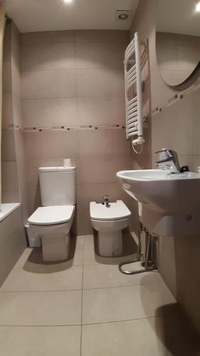 La salle de bains est pourvue de toilettes et d'un lavabo. dans l'établissement Apartaments Júlia, à Pobla de Segur
