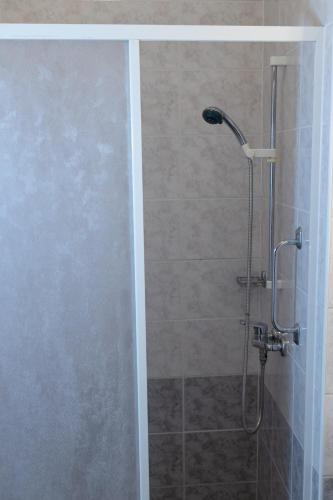 a shower with a glass door in a bathroom at Natura in Trenčianske Teplice