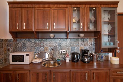 a kitchen counter with a microwave and a sink at Calypso Apartments in Vathi, Ithaka