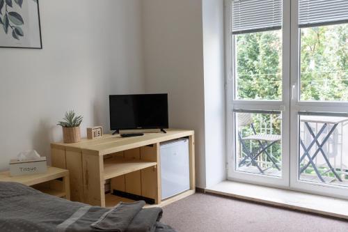 1 dormitorio con escritorio, TV y ventana en Natura en Trenčianske Teplice