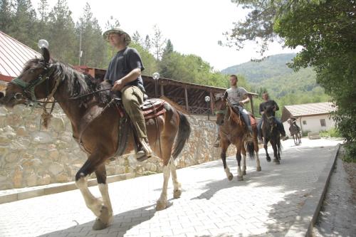 a group of men riding horses down a street at Hotel Korab Trnica in Trnica