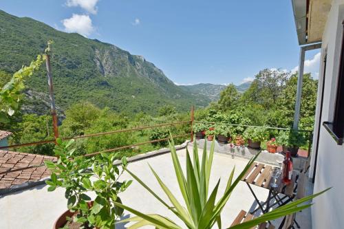 a balcony with plants and mountains in the background at Rooms Sveti Toma in Virpazar