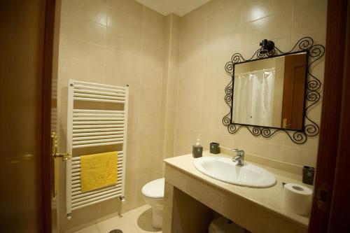 a bathroom with a sink and a mirror and a toilet at Casa Rural El Lio in Ruidera