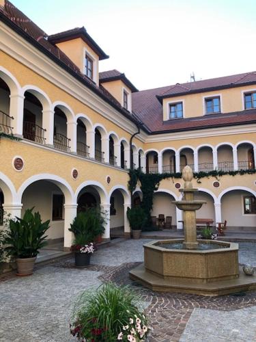 a courtyard with a fountain in front of a building at Almtalhotel Appartements in Pettenbach in Pettenbach