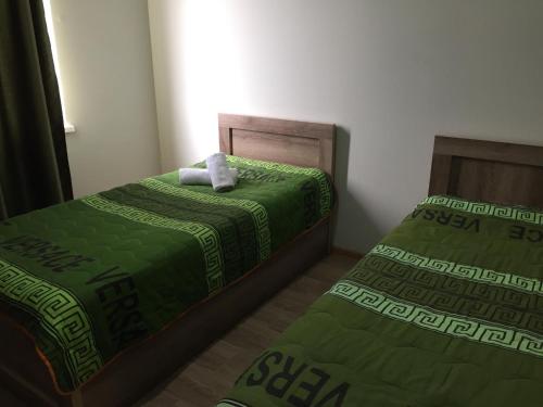 two beds in a bedroom with green comforter and a pillow at Green House in Grigoleti
