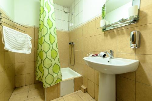 uma casa de banho com um lavatório e um chuveiro em Oazis Hotel em Pskov