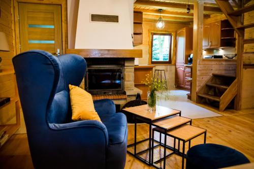 a living room with a blue chair and a fireplace at Rajskie in Rajskie Sakowczyk