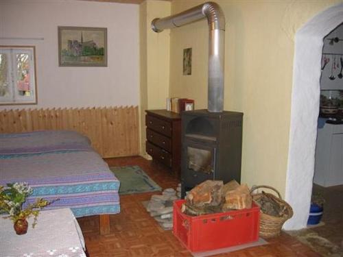 Habitación con estufa de leña en una habitación con cama en 487 Rue des Grappins, en Bouhans