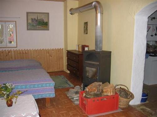 a room with a wood stove in a room with a bed at 487 Rue des Grappins in Bouhans