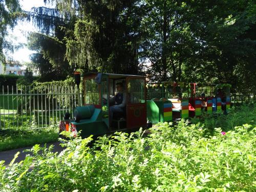 a man riding on a small train in a park at Luxury Apartment Solvo in Gdańsk